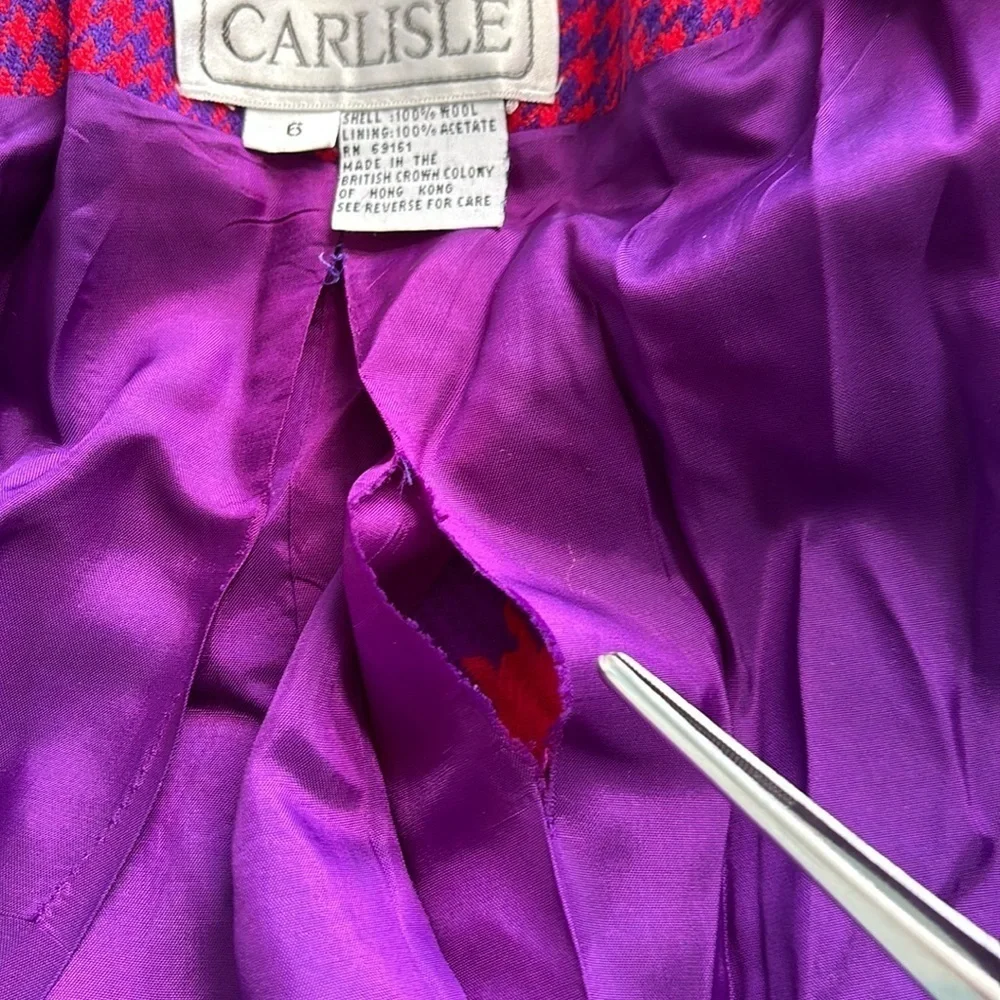 Carlisle Vintage Houndstooth Wool Plaid Long Coat Red Purple Size 6 - Picture 9 of 13
